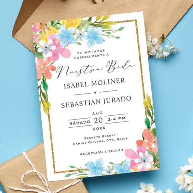 Floral Gold Border Nuestra Boda Spanish Wedding Invitation (Creator Uploaded)