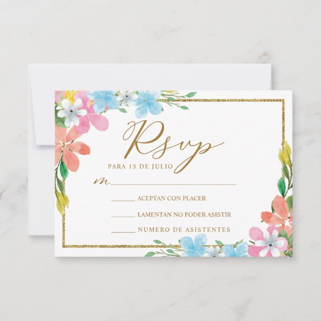Floral Gold Border Nuestra Boda Wedding RSVP Invitation (Front)