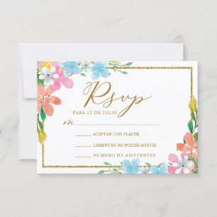 Floral Gold Border Nuestra Boda Wedding RSVP Invitation