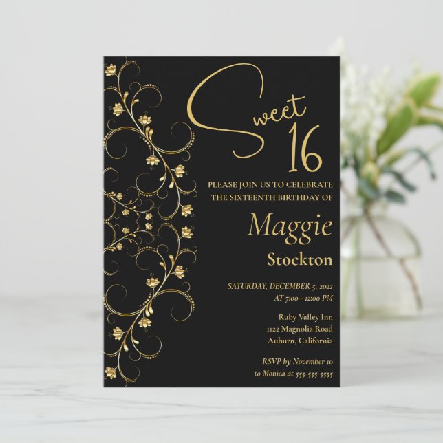 Floral Gold Border Sweet 16 Invitation (Standing Front)
