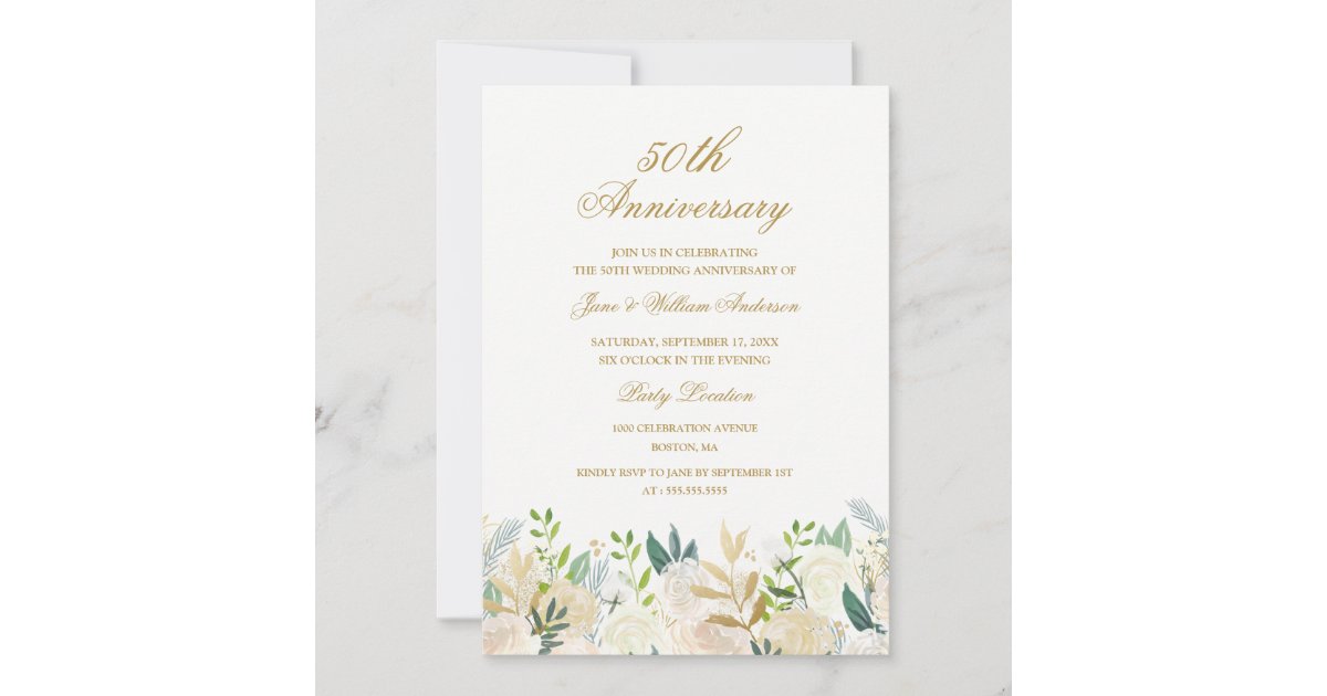 Floral Gold Botanical 50th Wedding Anniversary Invitation | Zazzle