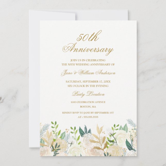Floral Gold Botanical 50th Wedding Anniversary Invitation (Front)