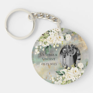 Floral Gold Botanical Cream Photo Names Wedding Keychain