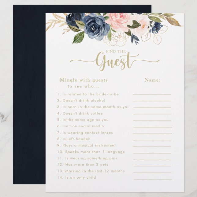 Floral Gold Bridal Shower Find the Guest Game (Front/Back)