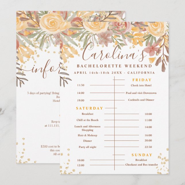 Floral gold brown time line bachelorette weekend invitation (Front/Back)