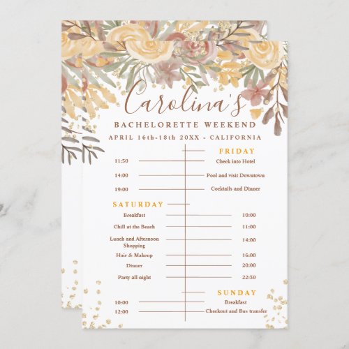Floral gold brown time line bachelorette weekend invitation