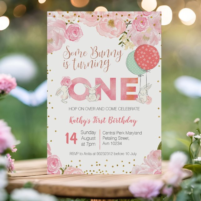 Floral Gold Bunny 1st Birthday Floral Invitation (Creator Uploaded)