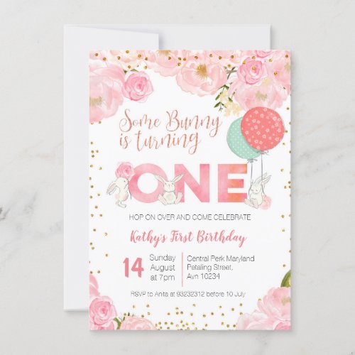 Floral Gold Bunny 1st Birthday Floral Invitation