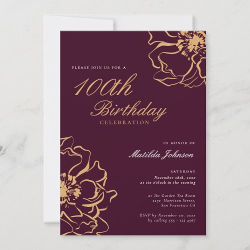 Floral Gold Burgundy 100th Birthday Invitation