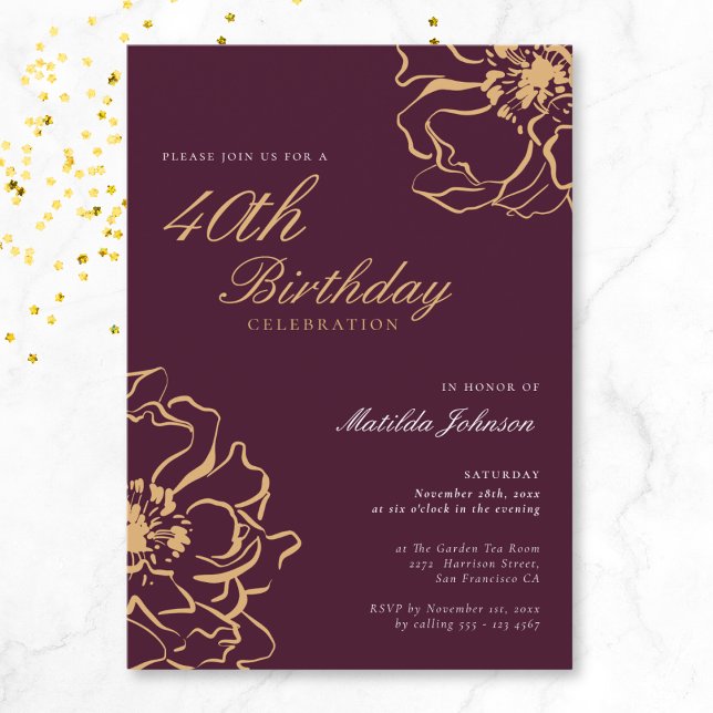 Floral Gold Burgundy 40th Birthday Invitation (Floral Gold Burgundy 40th Birthday Invitation)