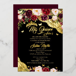 Floral Gold Burgundy Butterfly Lace Quinceanera Foil Invitation