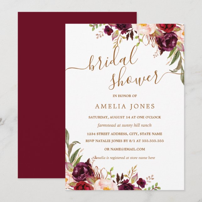 Floral Gold Burgundy Confetti Bridal Shower Invitation (Front/Back)