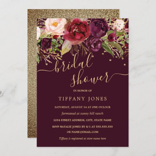 Floral Gold Burgundy Confetti Bridal Shower Invitation