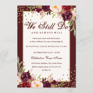 Floral Gold Burgundy Vow Renewal Anniversary Invitation