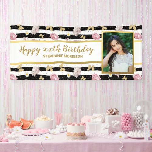 Floral Gold Butterfly Any Age Your Photo Birthday Banner