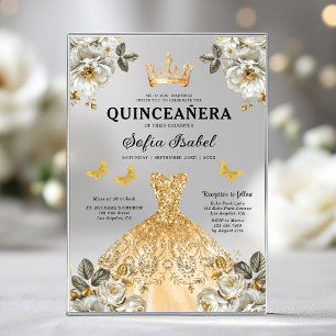 Floral Gold Butterfly Princess Quinceanera Acrylic Invitations