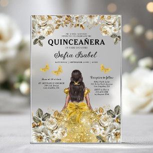 Floral Gold Butterfly Princess Quinceanera Acrylic Invitations