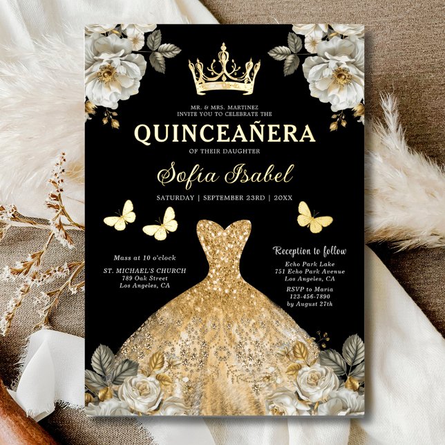 Floral Gold Butterfly Princess Quinceanera Foil Invitation (Creator Uploaded)