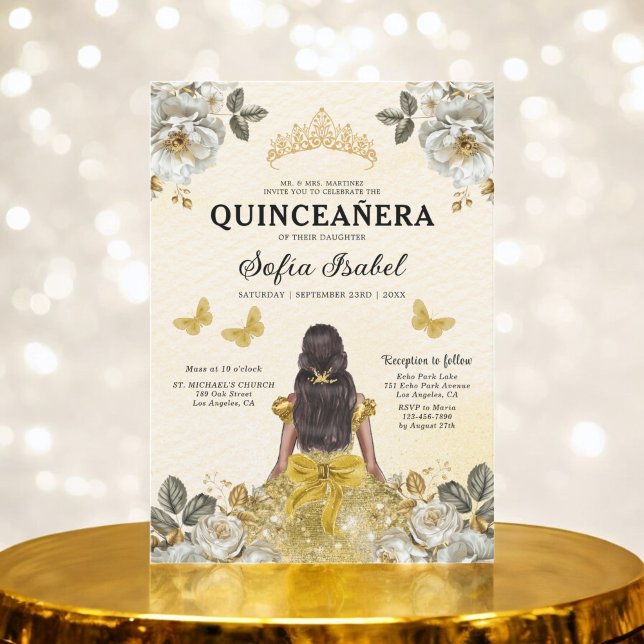 Floral Gold Butterfly Princess Quinceanera Invitation (Creator Uploaded)