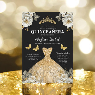 Floral Gold Butterfly Princess Quinceanera Invitation