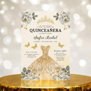 Floral Gold Butterfly Princess Quinceanera Invitation