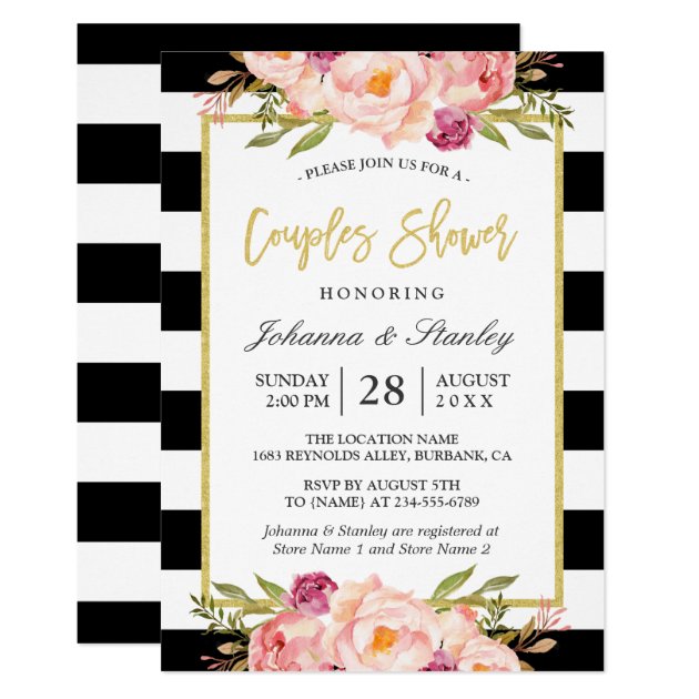Floral Gold BW Stripes Wedding Couples Shower Invitation