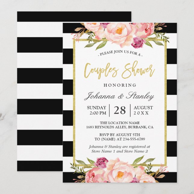Floral Gold BW Stripes Wedding Couples Shower Invitation (Front/Back)