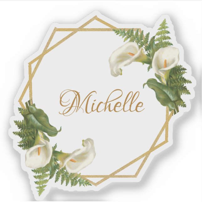Floral Gold Calla Lilies Girly Name Geometric Sticker (Front)