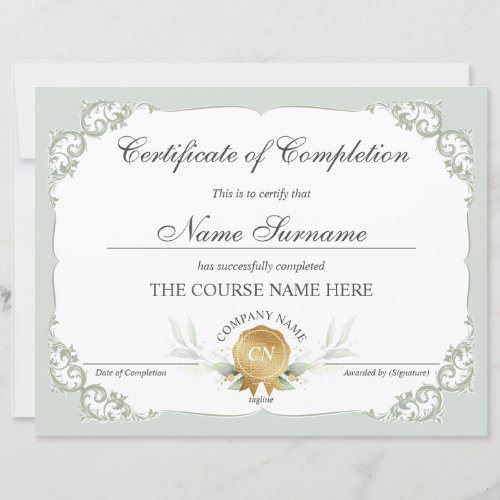 Floral Gold Certificate of Completion Award Course