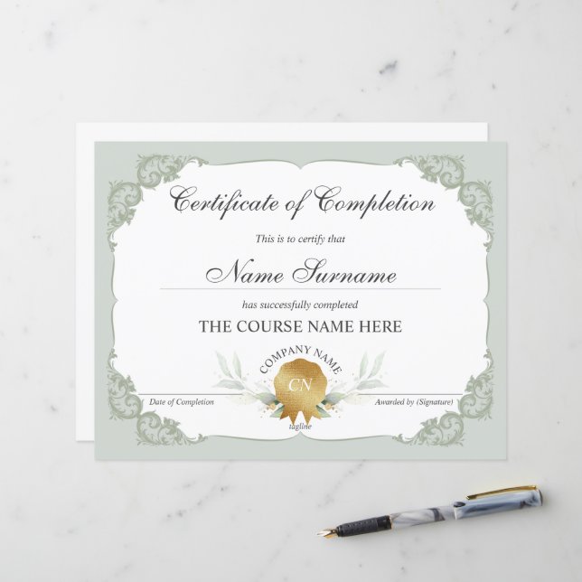 Floral Gold Certificate of Completion Award Course (Front/Back In Situ)