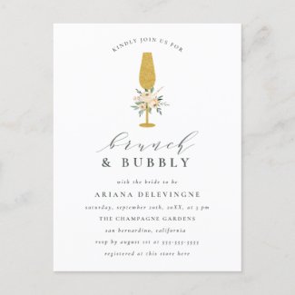 Floral Gold Champagne Flute Bridal Brunch & Bubbly Invitation Postcard