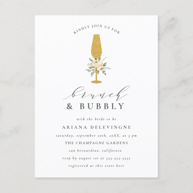 Floral Gold Champagne Flute Bridal Brunch & Bubbly Invitation Postcard