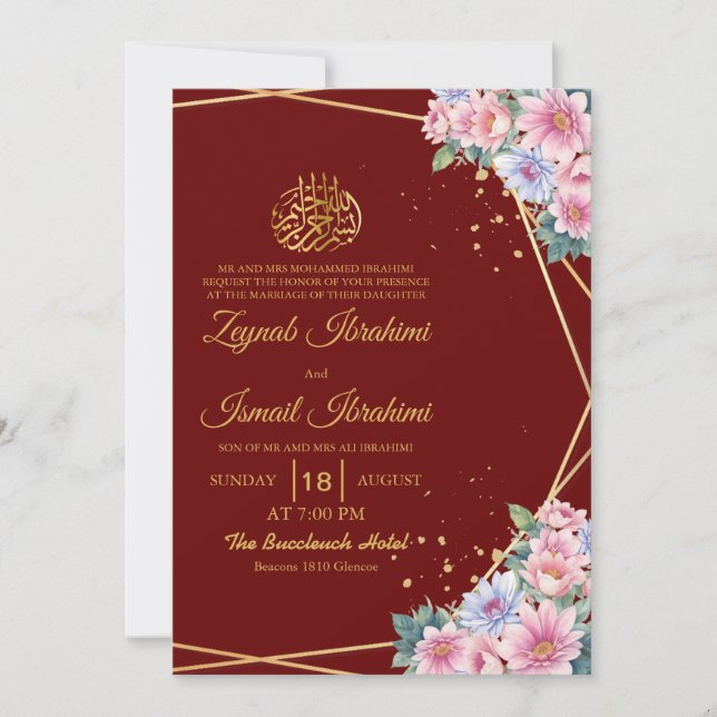 Floral Gold Color  Burgundy Islamic Muslim Wedding Invitation (Front)