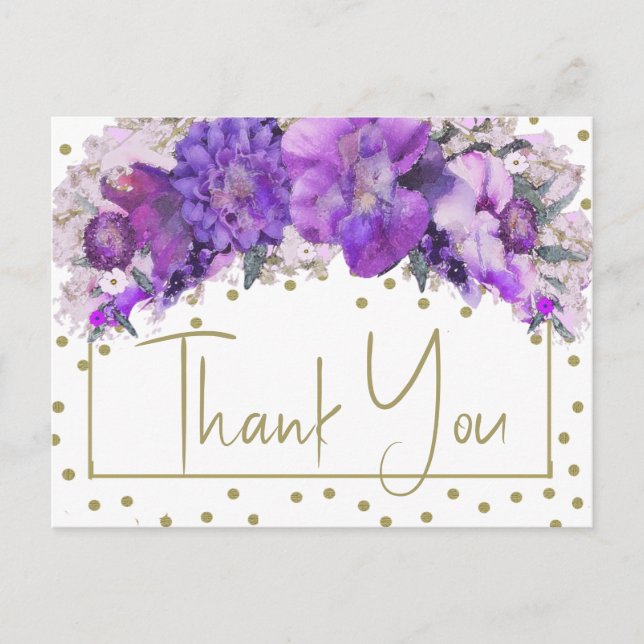 Floral Gold Confetti Purple Thank You Postcard (Front)