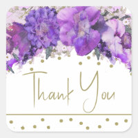 Floral Gold Confetti Purple Thank You Square Sticker