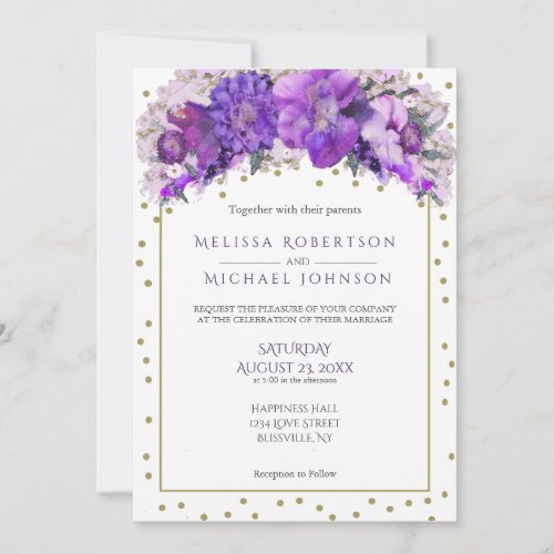 Floral Gold Confetti Purple  Wedding Invitation