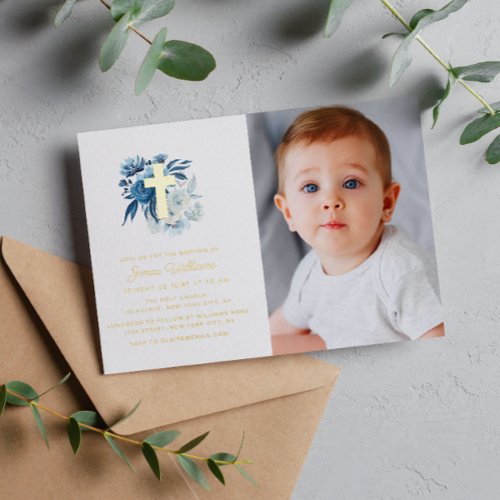 floral gold cross Baptism photo Foil Holiday Card