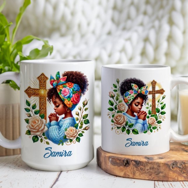 Floral Gold Cross Christian Ethnic Praying Girl Coffee Mug (Creator Uploaded)