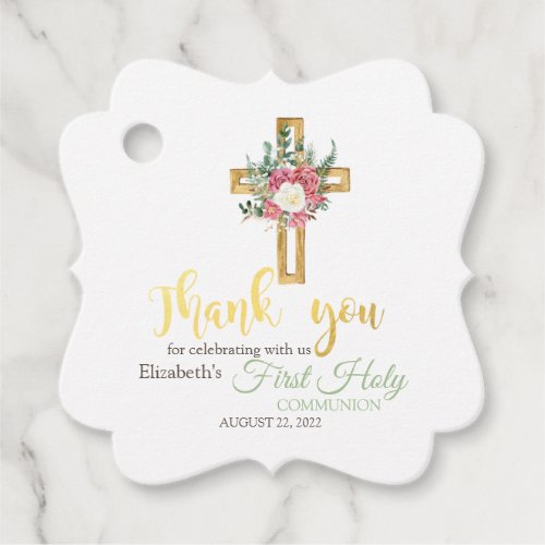 Floral Gold Cross First Holy Communion   Favor Tags