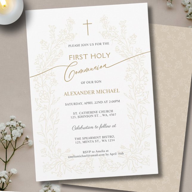 Floral Gold Cross First Holy Communion Religious Invitation (Creator Uploaded)