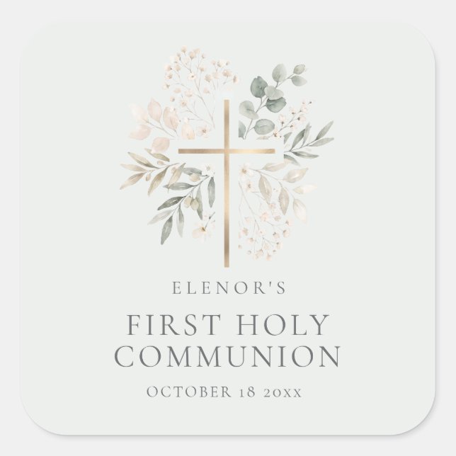 Floral Gold Cross First Holy Communion Sticker (Front)