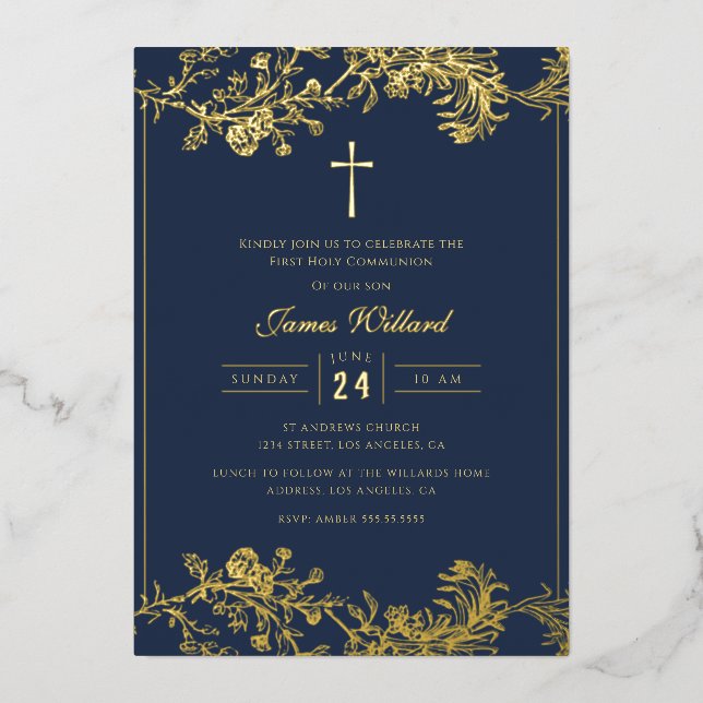 Floral Gold Cross Navy Boys First Communion Foil Invitation (Front)
