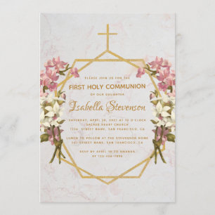 Floral Gold Cross Pink Orchids First Communion Invitation