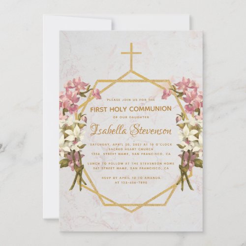Floral Gold Cross Pink Orchids First Communion Invitation