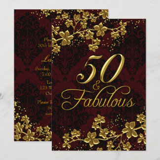 Floral Gold Dark Red 50 Fabulous Birthday Invitation