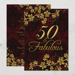 Floral Gold Dark Red 50 Fabulous Birthday Invitation