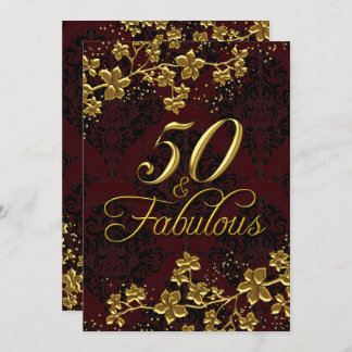 Floral Gold Dark Red 50 Fabulous Birthday Invitation