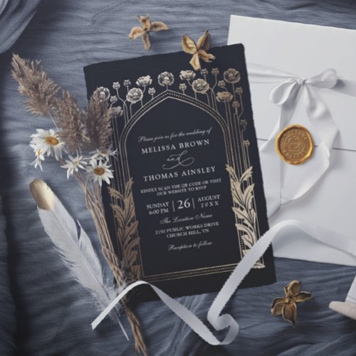 Floral Gold Elegant Modern Budget QR Code Wedding Invitation