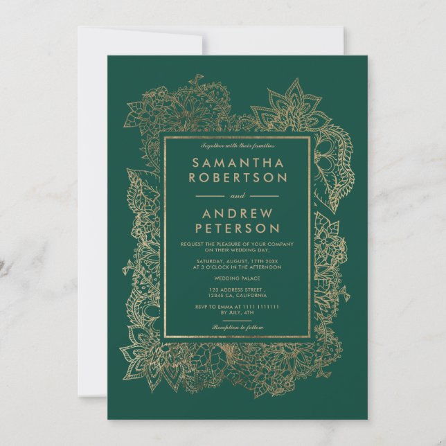 Floral gold emerald green details hotel wedding invitation (Front)