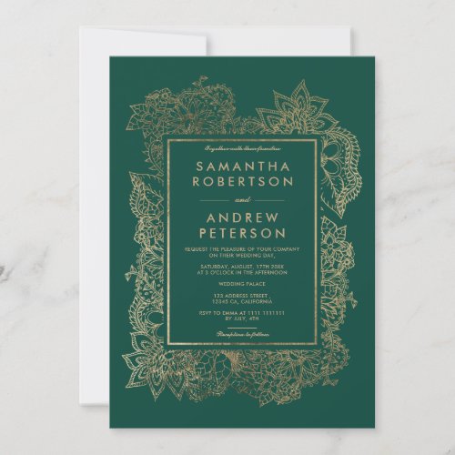 Floral gold emerald green details hotel wedding invitation